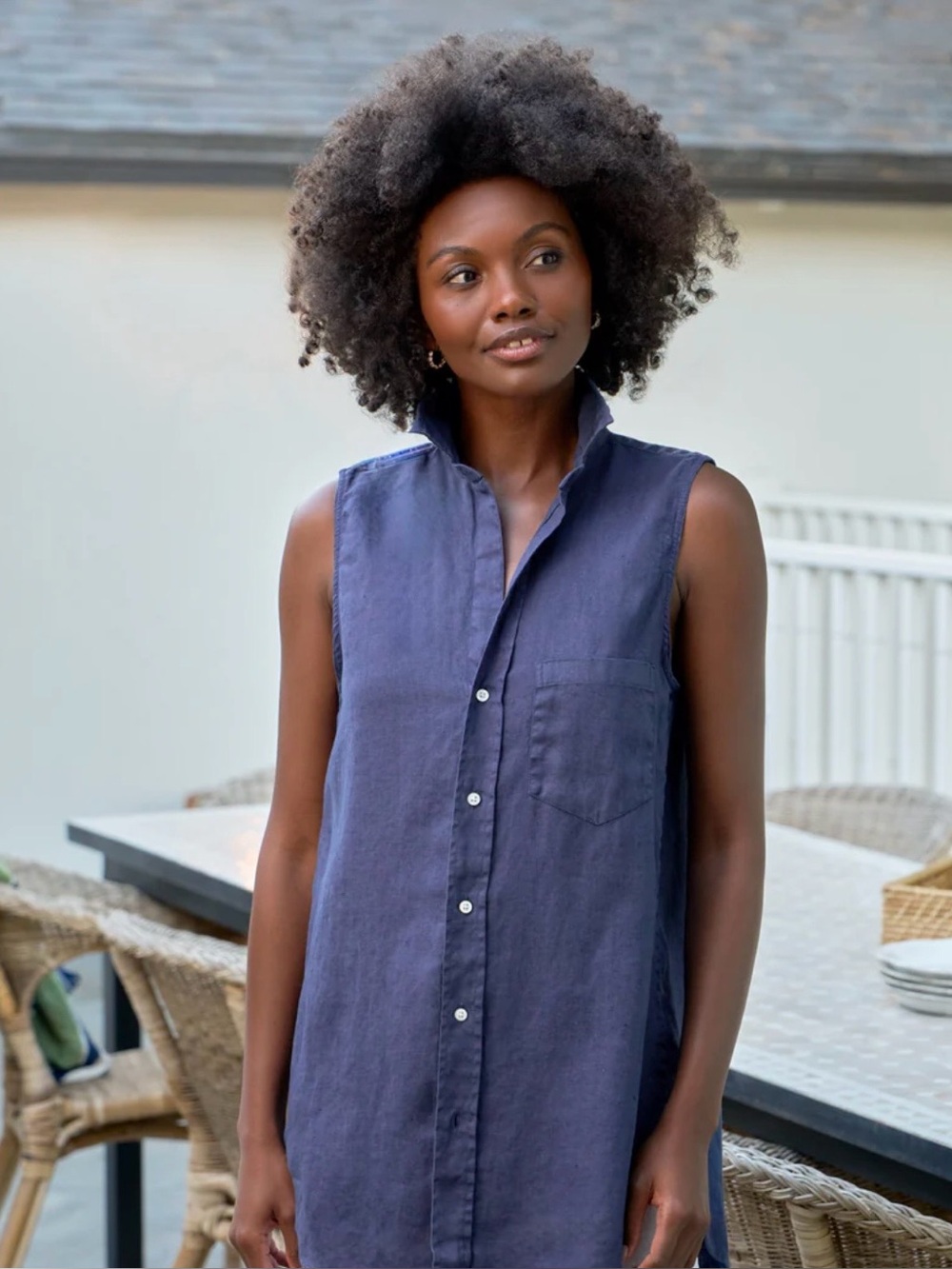 Frank & Eileen Royal Finley Blue Linen Button-Up Shirt Sleeveless Size Large